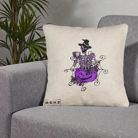 Perna Decorativa Schelet Vrajitor cu Dovleac Violet Halloween, 40x40 cm, Bej Canapea, Husa Detasabila, Perna Inclusa, BEKZ®