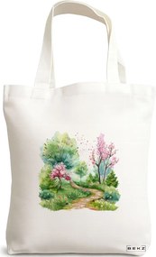 Sacosa de Panza pentru Cumparaturi, Geanta Tote, model Watercolor Garden 2, 38 x 34.5 cm, Alba, BEKZ®