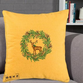 Perna Decorativa Coroana Turcoaz cu Ren, 40x40 cm, Galben, Husa Detasabila, Perna Inclusa, BEKZ®