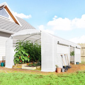 Outsunny Seră tunel 6x3x2 m cu 3 uși rulou, 6 ferestre cu plasă și structură din oțel galvanizat, alb | Aosom Romania