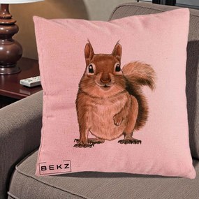 Perna Decorativa Veverita Acuarela, 40x40 cm, Roz, Husa Detasabila, Perna Inclusa, BEKZ®
