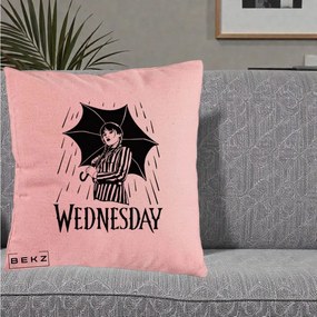 Perna Personalizata Wednesday cu Umbrela Ploaie Lineart, 40x40 cm, Roz, Husa Detasabila, Perna Inclusa, BEKZ®