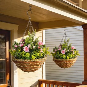 Outsunny Set 2 Ghivece de Agățat cu Plante Artificiale Lisianthus, Suport din Răchită și Bază de Ciment, Ф25x34cm | Aosom Romania