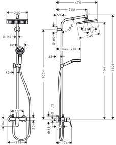 Set de dus Hansgrohe, Crometta E 240, cu palarie, para si baterie de dus, crom