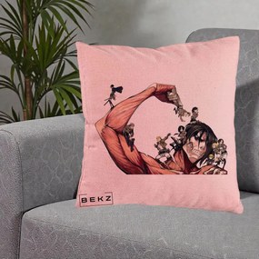 Perna Personalizata Attack on Titan Eren Titan Grup, 40x40 cm, Roz, Husa Detasabila, Perna Inclusa, BEKZ®