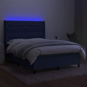 Pat cu arcuri, saltea si LED, albastru, 140x200 cm, textil Albastru, 140 x 200 cm, Design cu nasturi