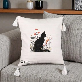 Perna Decorativa Pisica Neagra Profil Flori Portocalii, 40x40 cm, Bej cu Franjuri, Husa Detasabila, Perna Inclusa, BEKZ®