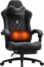 DOWINX Scaun gaming, ergonomic, Incalzire si Masaj cu Role in perna lombara, Șezut cu Arcuri Metalice și Spumă, rabatabil 90°-135°, Suport picioare, rezistent 150 kg, material textil, Negru