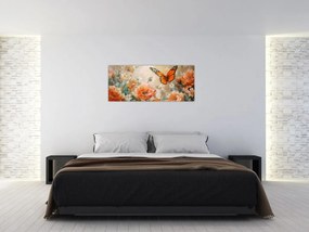 Tablou - Fluture și flori, pictură în ulei (120x50 cm)