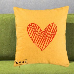 Perna Decorativa Inima Rosie Desen Manual, 40x40 cm, Galben, Husa Detasabila, Perna Inclusa, BEKZ®