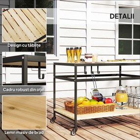 Outsunny Cărucior cu Roți din Lemn cu 2 Rafturi, 3 Cârlige, Blat cu Lamele și Mâner 107x65x80 cm Natural | Aosom Romania