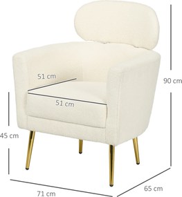 HOMCOM Fotoliu de living cu tetieră detașabilă, fotoliu crapaud din pluș teddy, picioare metalice, 71 x 65 x 90 cm, crem | Aosom Romania