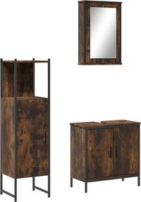 vidaXL Set mobilier de baie, 3 piese, stejar fumuriu, lemn prelucrat