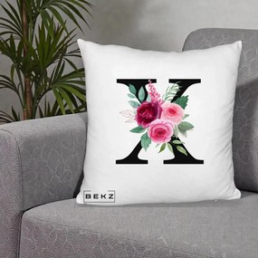 Cadou Personalizat - Perna Personalizata Monograma Florala Litera X cu Buchet, 40x40 cm, Alb Pufos, Husa Detasabila, Perna Inclusa, BEKZ®