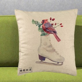 Perna Decorativa Cardinal Rosu pe Patina de Gheata, 40x40 cm, Bej, Husa Detasabila, Perna Inclusa, BEKZ®