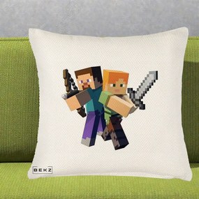 Perna Personalizata Minecraft Steve si Alex, 40x40 cm, Crem Reliefat, Husa Detasabila, Perna Inclusa, BEKZ®