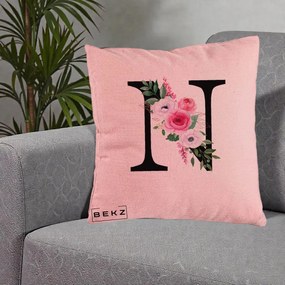Cadou Personalizat - Perna Personalizata Monograma Florala Litera N, 40x40 cm, Roz, Husa Detasabila, Perna Inclusa, BEKZ®