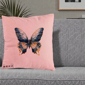 Perna Decorativa Fluture Albastru Auriu Elegant, 40x40 cm, Roz, Husa Detasabila, Perna Inclusa, BEKZ®