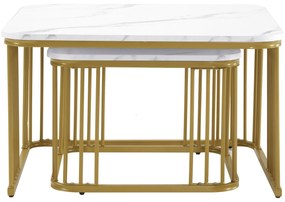 Set de 2 măsuțe pătrate din marmură lucioasă, măsuțe suprapozabile cu picioare aurii, 70×70×45 cm și 50×50×36,5 cm, Alb