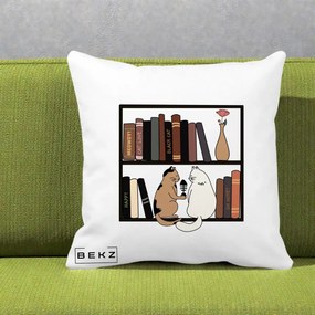 Perna Personalizata Pisici si Carti pe Raft, 40x40 cm, Alba Mata, Husa Detasabila, Perna Inclusa, BEKZ®