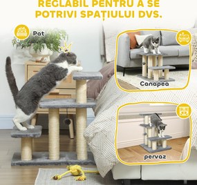 PawHut Scară pentru Câini și Pisici cu 3 Trepte din Pluș și Stâlpi Zgâriători din Sisal, Capacitate 10 kg, Gri | Aosom Romania
