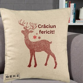 Perna Decorativa Ren Sclipitor Glitter Craciun Fericit, 40x40 cm, Bej, Husa Detasabila, Perna Inclusa, BEKZ®