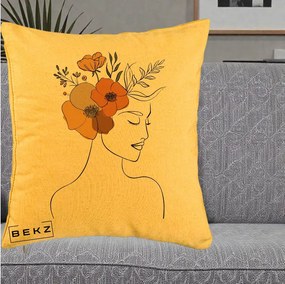 Perna Decorativa Portret Feminin Flori Galbene-Portocalii, 40x40 cm, Galben, Husa Detasabila, Perna Inclusa, BEKZ®