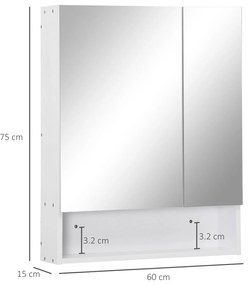 Kleankin Dulap Baie cu Oglindă Dreptunghiulară, Raft Reglabil pe 3 Nivele, Balamale Amortizare, MDF/Sticlă, 60x15x75cm, Alb | Aosom Romania