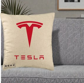 Perna Personalizata cu emblema Tesla, 40x40 cm, Bej, Husa Detasabila, Perna Inclusa, BEKZ®