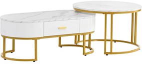 Set de 2 Măsuțe de Cafea Moderne cu Structură din Metal Auriu și Rafturi Spațioase, Dimensiuni 100x48x38,5 cm și 70x70x44,5 cm, Alb