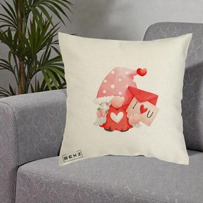 Cadou Romantic - Perna Personalizata I Love You Gnome Valentine cu Scrisoare, 40x40 cm, Ecru, Husa Detasabila, Perna Inclusa, BEKZ®