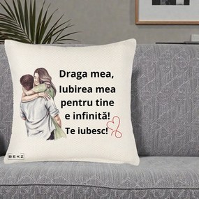 Cadou pentru Iubita - Perna Personalizata Draga Mea Iubirea Mea Infinita Te Iubesc cu Cuplu Acuarela, 40x40 cm, Crem Reliefat, Husa Detasabila, Perna Inclusa, BEKZ®