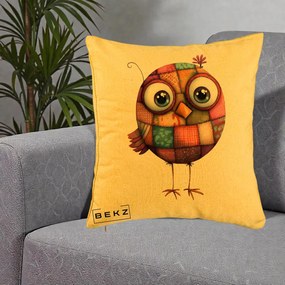 Perna Decorativa Pasare Patchwork Roz cu Floare, 40x40 cm, Galben, Husa Detasabila, Perna Inclusa, BEKZ®