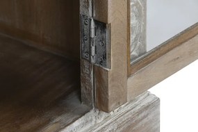 Vitrină sculptată manual din lemn masiv de mango, finisaj décapé alb, 2 uși vitrate, 3 rafturi, 120×44×210 cm, „Jaipur"