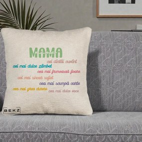 Cadou pentru Mama - Perna Personalizata Mama Cel Dintai Cuvant cu Text Colorat Multicolor, 40x40 cm, Bej Canapea, Husa Detasabila, Perna Inclusa, BEKZ®