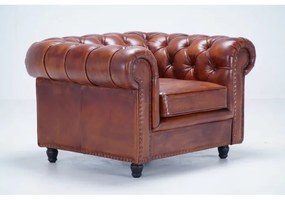 Fotoliu maro, din piele naturala, Chesterfield