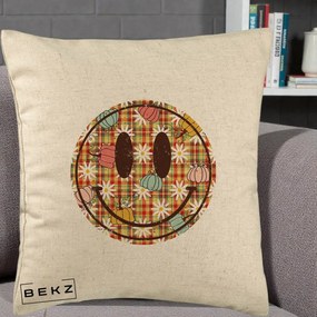 Perna Decorativa Smiley Face de Toamna cu Tartan si Dovlecei, 40x40 cm, Bej, Husa Detasabila, Perna Inclusa, BEKZ®