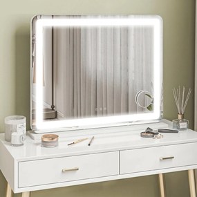 HOMCOM Oglindă de Machiaj cu Lumini LED în 3 Culori, Oglindă de Perete și Masă cu USB, 80x62x14 cm, Alb | Aosom Romania