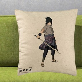 Perna Personalizata Naruto Sasuke Uchiha cu Sabia, 40x40 cm, Bej, Husa Detasabila, Perna Inclusa, BEKZ®