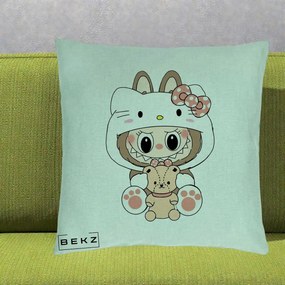 Perna Personalizata Labubu x Hello Kitty, 40x40 cm, Verde Menta, Husa Detasabila, Perna Inclusa, BEKZ®