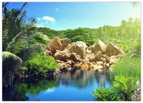 Tablou pe sticlă cu lac în jungla din Seychelles (70x50 cm)