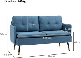 Canapele HOMCOM cu 2 locuri din tesatura cu buton cu perne, albastru inchis | Aosom Romania