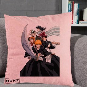 Perna Personalizata Bleach Grup Complet Ichigo si Prietenii, 40x40 cm, Roz, Husa Detasabila, Perna Inclusa, BEKZ®