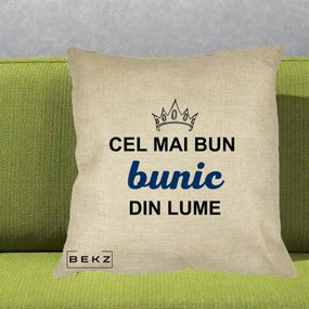 Cadou pentru Bunic - Perna Personalizata Cel Mai Bun Bunic Din Lume Coroana Albastra, 40x40 cm, Crem, Husa Detasabila, Perna Inclusa, BEKZ®