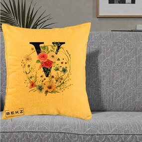 Cadou Personalizat - Perna Personalizata Monograma Florala Litera V cu Coroana, 40x40 cm, Galben, Husa Detasabila, Perna Inclusa, BEKZ®