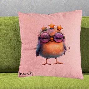 Perna Decorativa Pui Pop Star cu Ochelari Stele Violet, 40x40 cm, Roz, Husa Detasabila, Perna Inclusa, BEKZ®