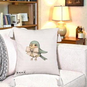 Perna Decorativa Pasare Teal cu Fundita cu Buline, 40x40 cm, Bej cu Franjuri, Husa Detasabila, Perna Inclusa, BEKZ®