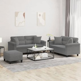 vidaXL Set de canapele cu perne, 3 piese, gri închis, microfibră
