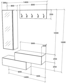 Cuier Diego, Stejar Alb/Crem Satin, 140 x 28 x 180 cm