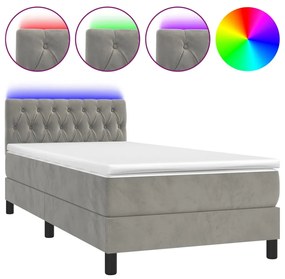 3134555 vidaXL Pat cu arcuri, saltea și LED, gri deschis, 90x190 cm, catifea